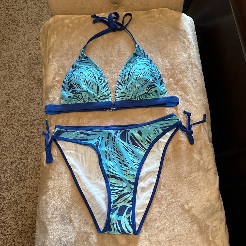 Modlily Leaf Print Cyan Bikini Sz M